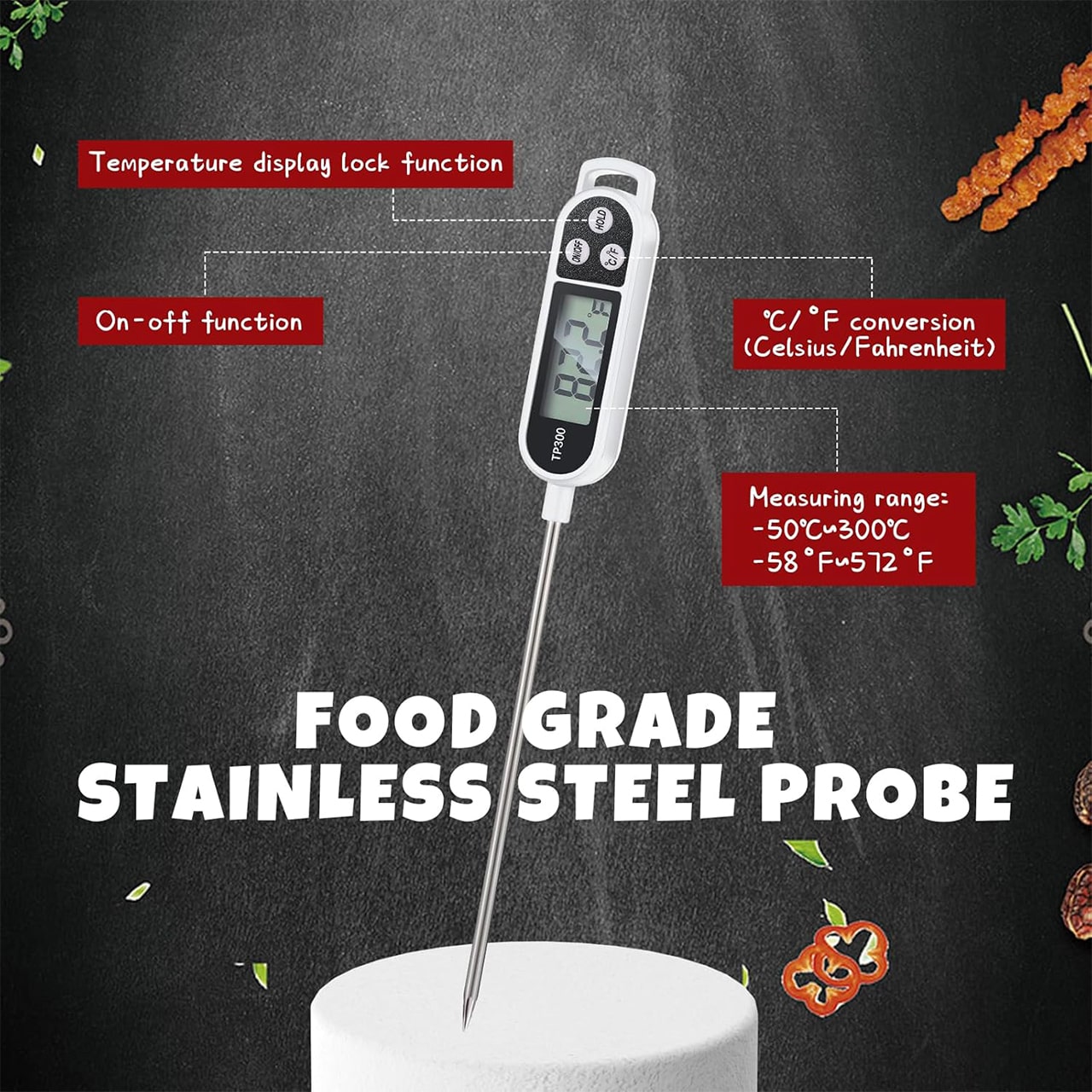 FoodMeter, egy elektronikus digitális hőmérő az ételek és folyadékok hőmérsékletének mérésére